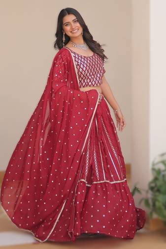 RED Elegant Pure Star Georgette Embroidered Choli Lehenga Set with Heavy Sequence Work & Dupatta