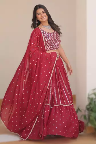 RED Elegant Pure Star Georgette Embroidered Choli Lehenga Set with Heavy Sequence Work & Dupatta