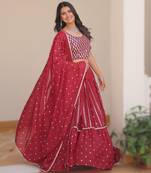 RED Elegant Pure Star Georgette Embroidered Choli Lehenga Set with Heavy Sequence Work & Dupatta