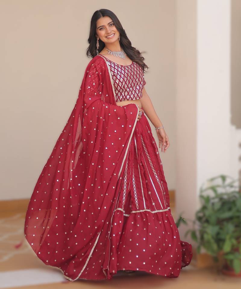 RED Elegant Pure Star Georgette Embroidered Choli Lehenga Set with Heavy Sequence Work & Dupatta