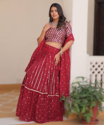 RED Elegant Pure Star Georgette Embroidered Choli Lehenga Set with Heavy Sequence Work & Dupatta 2