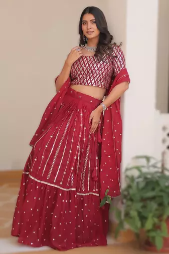 RED Elegant Pure Star Georgette Embroidered Choli Lehenga Set with Heavy Sequence Work & Dupatta