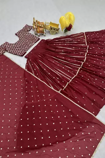 RED Elegant Pure Star Georgette Embroidered Choli Lehenga Set with Heavy Sequence Work & Dupatta