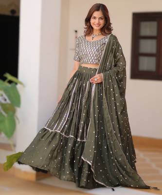 MEHENDI Elegant Pure Star Georgette Embroidered Choli Lehenga Set with Heavy Sequence Work & Dupatta 1