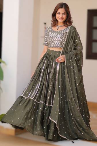 MEHENDI Elegant Pure Star Georgette Embroidered Choli Lehenga Set with Heavy Sequence Work & Dupatta