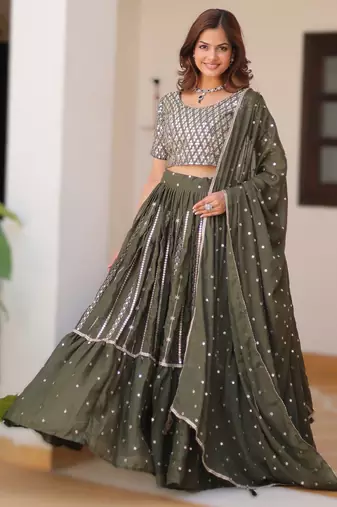 MEHENDI Elegant Pure Star Georgette Embroidered Choli Lehenga Set with Heavy Sequence Work & Dupatta