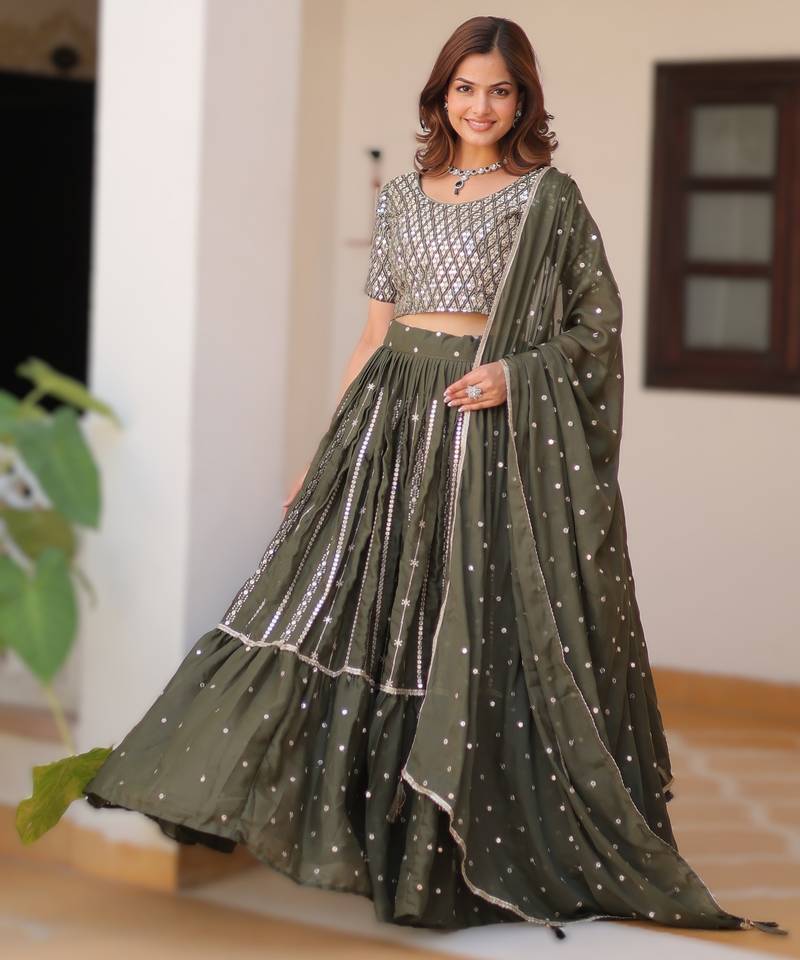 MEHENDI Elegant Pure Star Georgette Embroidered Choli Lehenga Set with Heavy Sequence Work & Dupatta