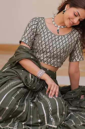 MEHENDI Elegant Pure Star Georgette Embroidered Choli Lehenga Set with Heavy Sequence Work & Dupatta