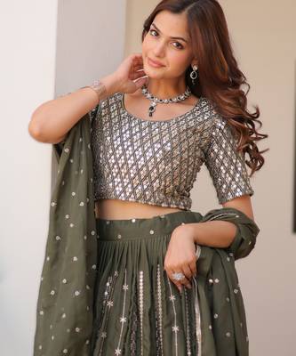 MEHENDI Elegant Pure Star Georgette Embroidered Choli Lehenga Set with Heavy Sequence Work & Dupatta 3