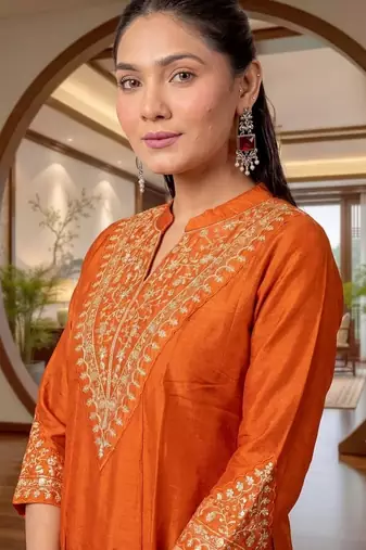 Orange embroidered kurta palazzo set
