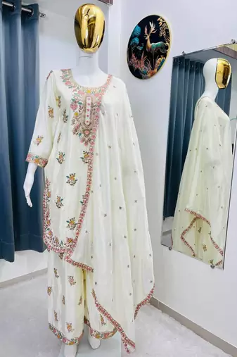 Ivory floral embroidered suit set