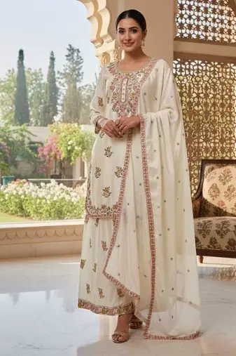 Ivory floral embroidered suit set