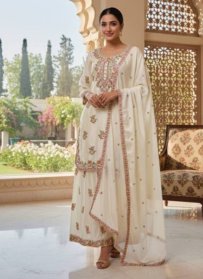 Ivory floral embroidered suit set