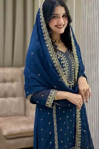 Navy blue embroidered kurta palazzo set