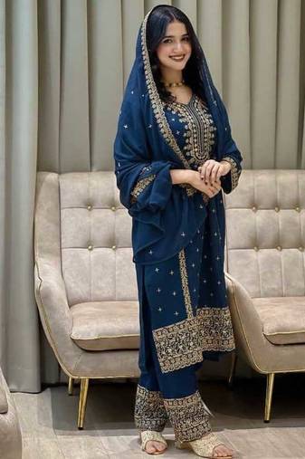 Navy blue embroidered kurta palazzo set