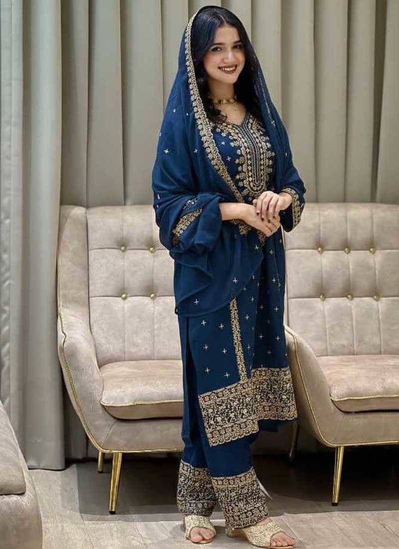 Navy blue embroidered kurta palazzo set