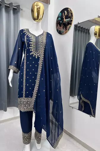 Navy blue embroidered kurta palazzo set