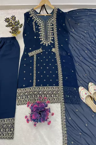 Navy blue embroidered kurta palazzo set