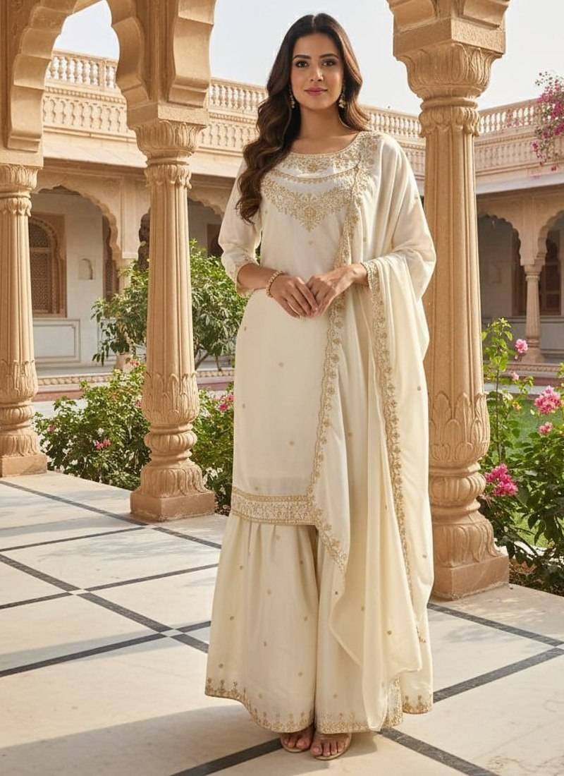 White embroidered palazzo suit