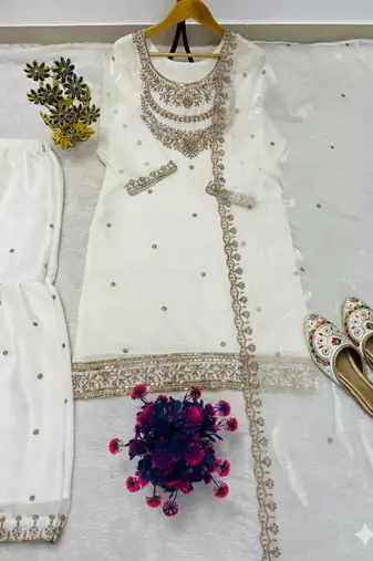 White embroidered palazzo suit