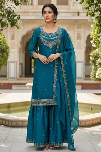 Teal-blue embroidered kurta sharara set