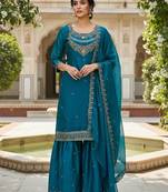 Teal-blue embroidered kurta sharara set