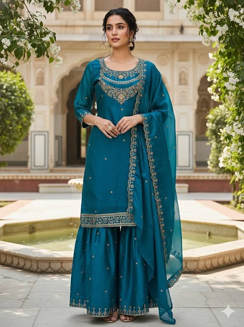 Teal-blue embroidered kurta sharara set