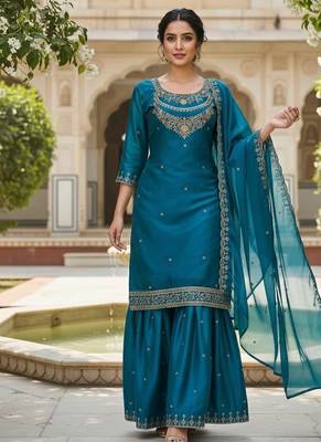 Teal-blue embroidered kurta sharara set 2