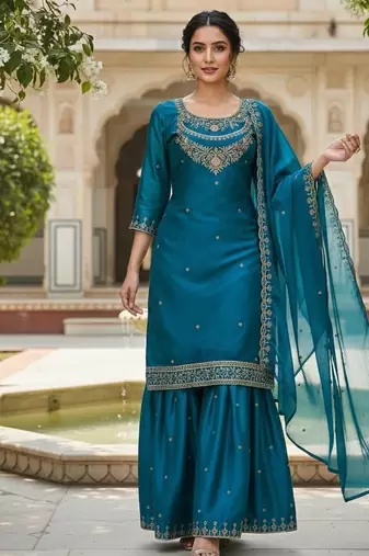 Teal-blue embroidered kurta sharara set