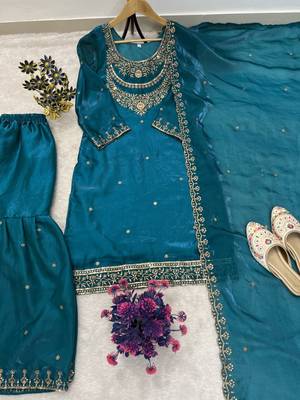 Teal-blue embroidered kurta sharara set 3