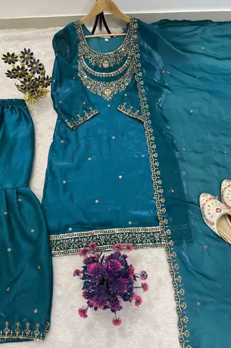 Teal-blue embroidered kurta sharara set