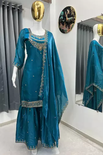 Teal-blue embroidered kurta sharara set