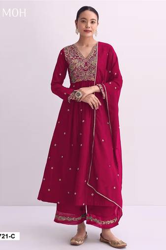 Ruby red embroidered anarkali suit