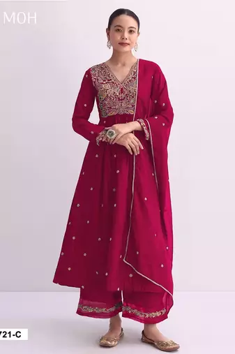 Ruby red embroidered anarkali suit