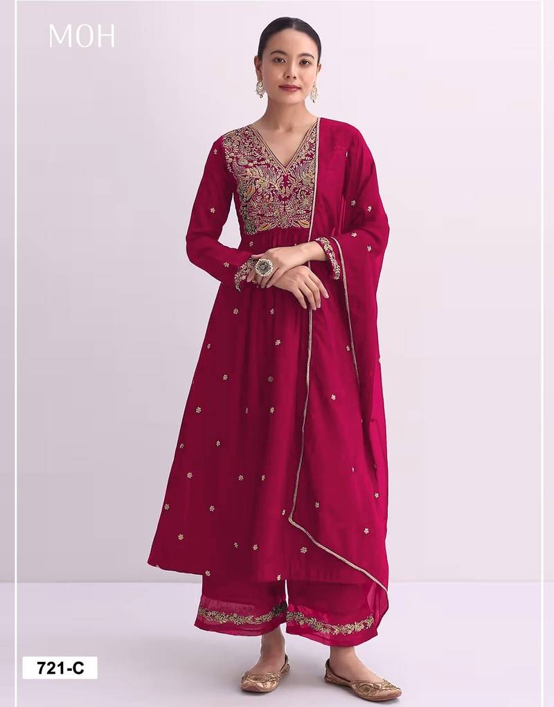 Ruby red embroidered anarkali suit