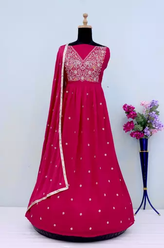 Ruby red embroidered anarkali suit