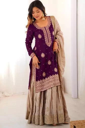 Purple kurta with beige sharara set