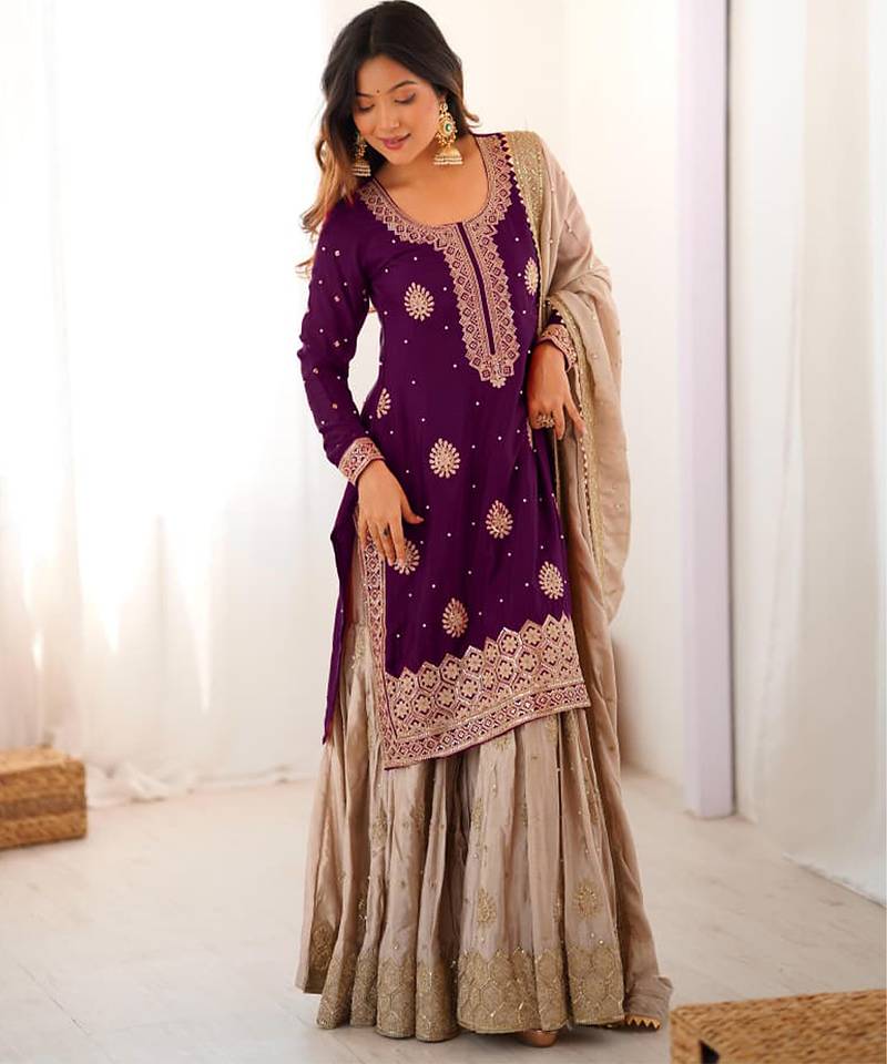 Purple kurta with beige sharara set