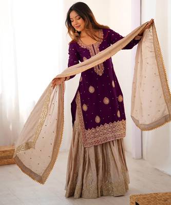 Purple kurta with beige sharara set 2