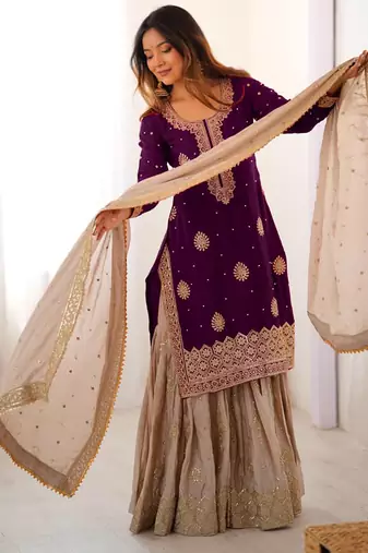 Purple kurta with beige sharara set