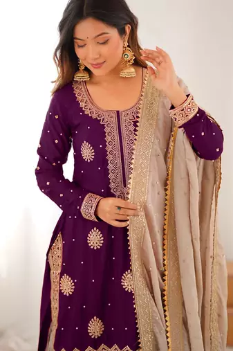 Purple kurta with beige sharara set