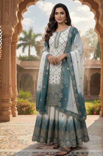 Ivory & teal embroidered lehenga set