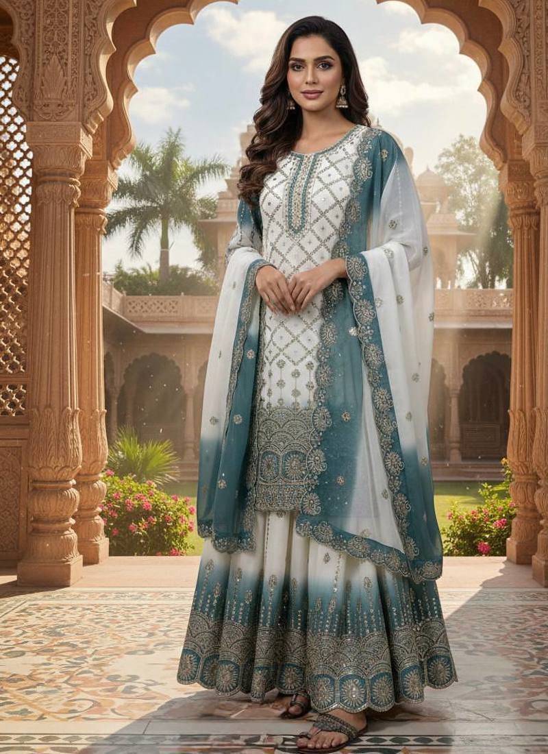 Ivory & teal embroidered lehenga set