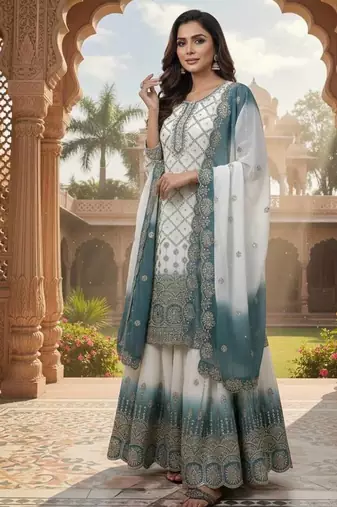 Ivory & teal embroidered lehenga set