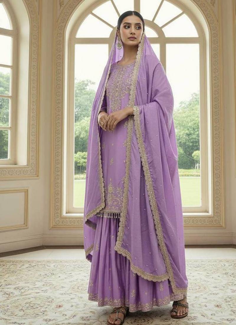 Purple embroidered festive suit