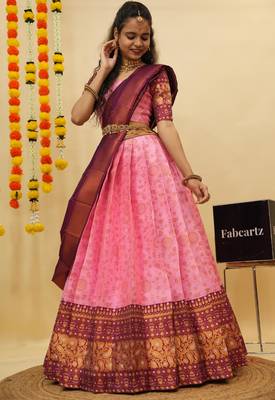 Beautiful South Indian Style Semi-Stitched Half Saree with Blouse and Banarasi Dupatta for Women 1