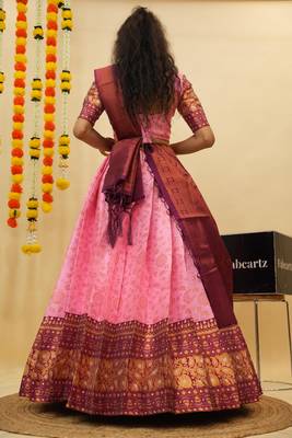Beautiful South Indian Style Semi-Stitched Half Saree with Blouse and Banarasi Dupatta for Women 2