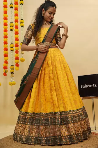 Beautiful South Indian Style Semi-Stitched Half Saree with Blouse and Banarasi Dupatta for Women