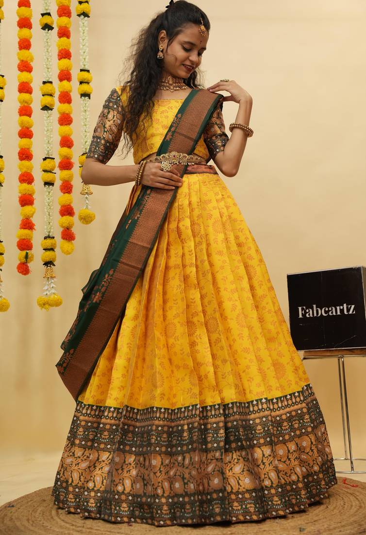 Beautiful South Indian Style Semi-Stitched Half Saree with Blouse and Banarasi Dupatta for Women