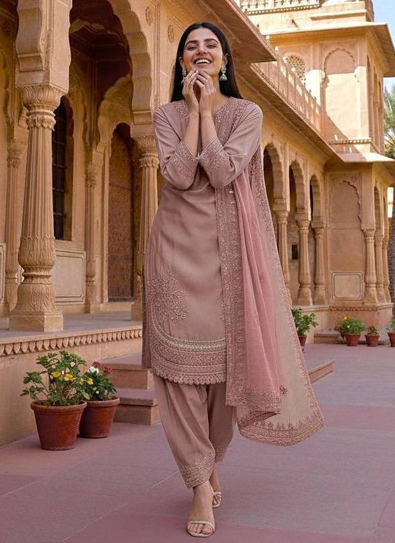 Pink floral embroidered suit